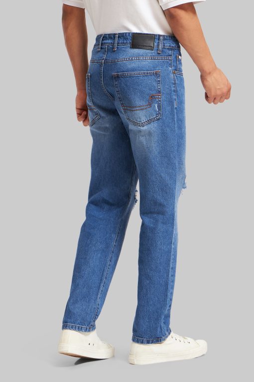 Blue Mid Rise Distressed Men's Relaxed Jeans - Image 2