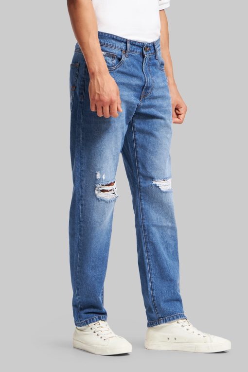 Blue Mid Rise Distressed Men's Relaxed Jeans - Image 5