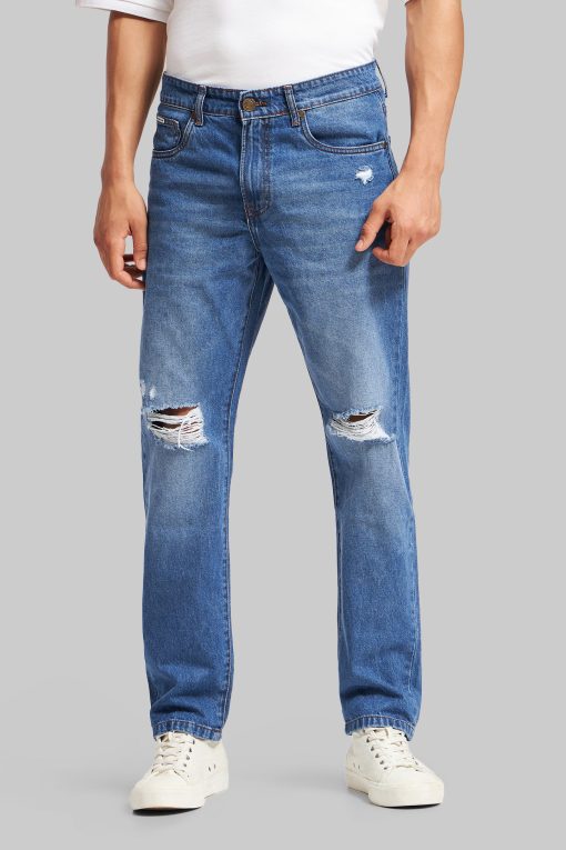 Blue Mid Rise Distressed Men's Relaxed Jeans