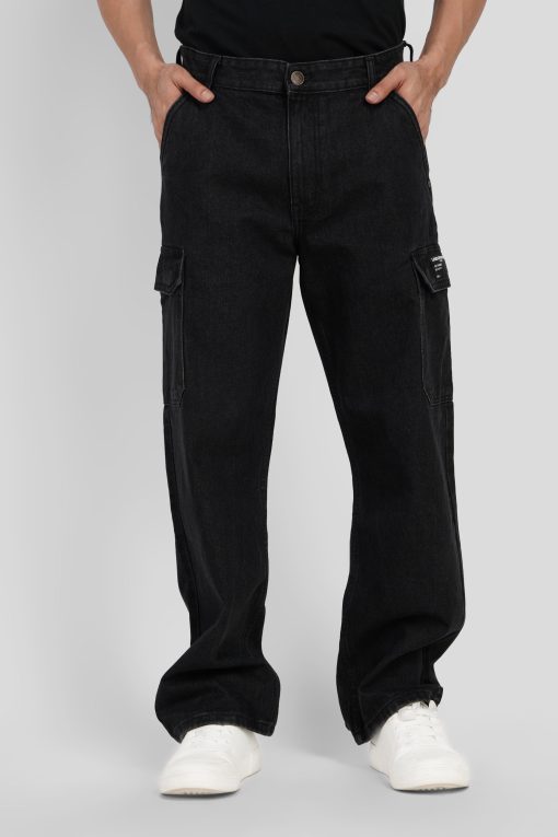 Black Mid Rise Relaxed Fit Men's Cargo Jeans