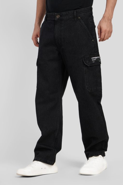 Black Mid Rise Relaxed Fit Men's Cargo Jeans - Image 3