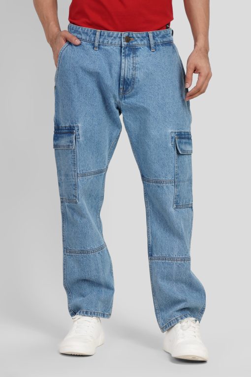 Blue Mid Rise Relaxed Men's Cargo Jeans